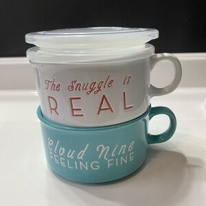 Ceramic Mug Set with Lids - White and Blue